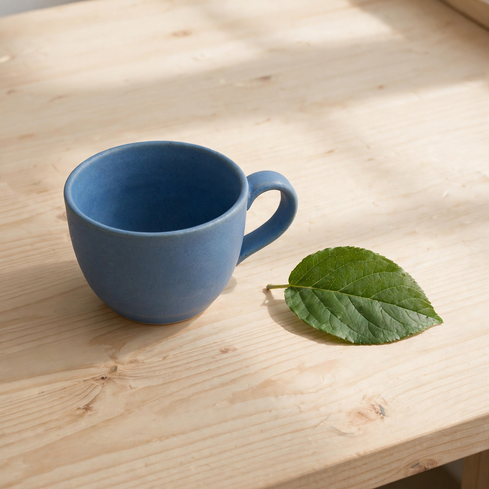 Muse Image sample: A single blue ceramic cup and green leaf on a light wooden desk, clean natural daylight, no text.