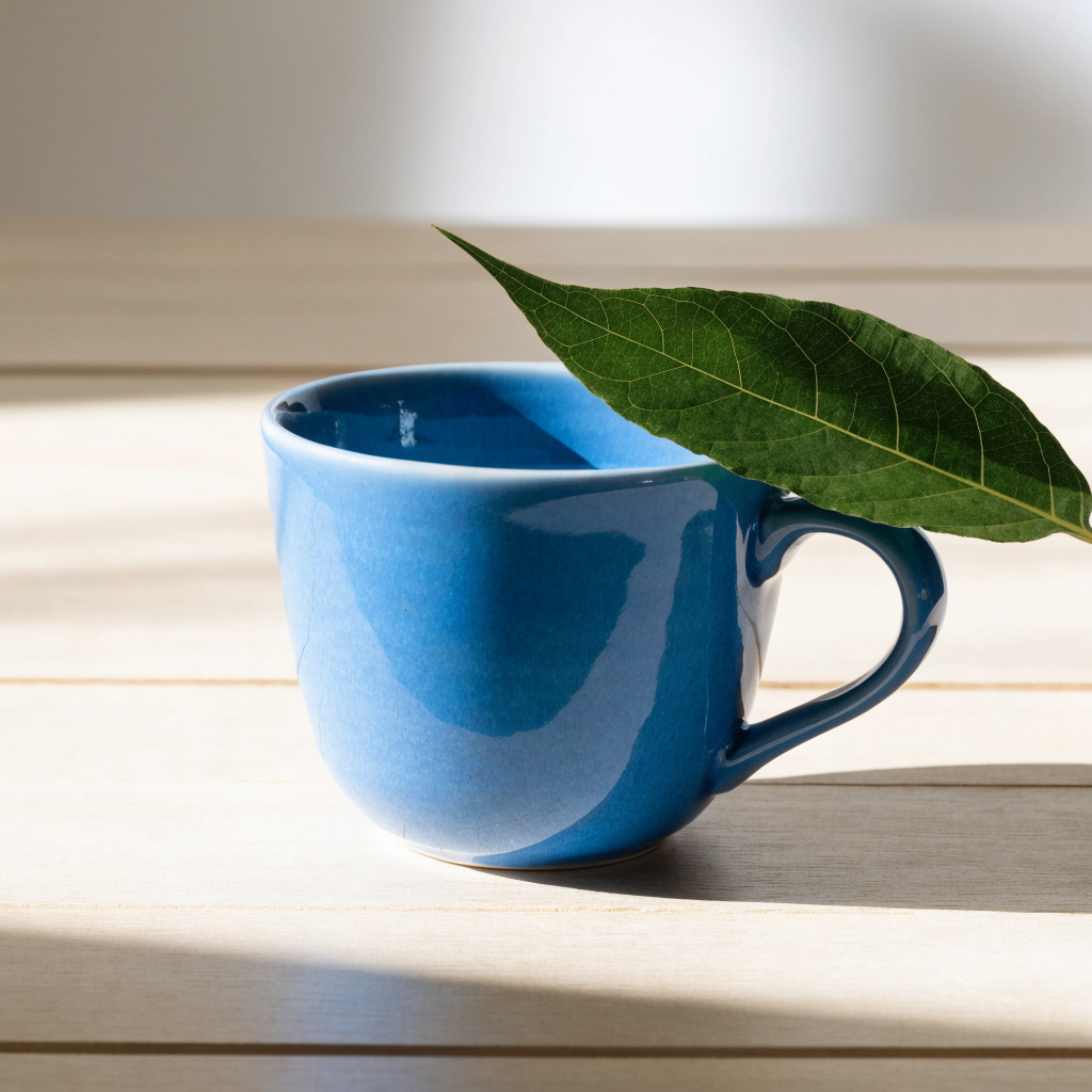 Recraft V4.1 Flash sample: A single blue ceramic cup and green leaf on a light wooden desk, clean natural daylight, no text.