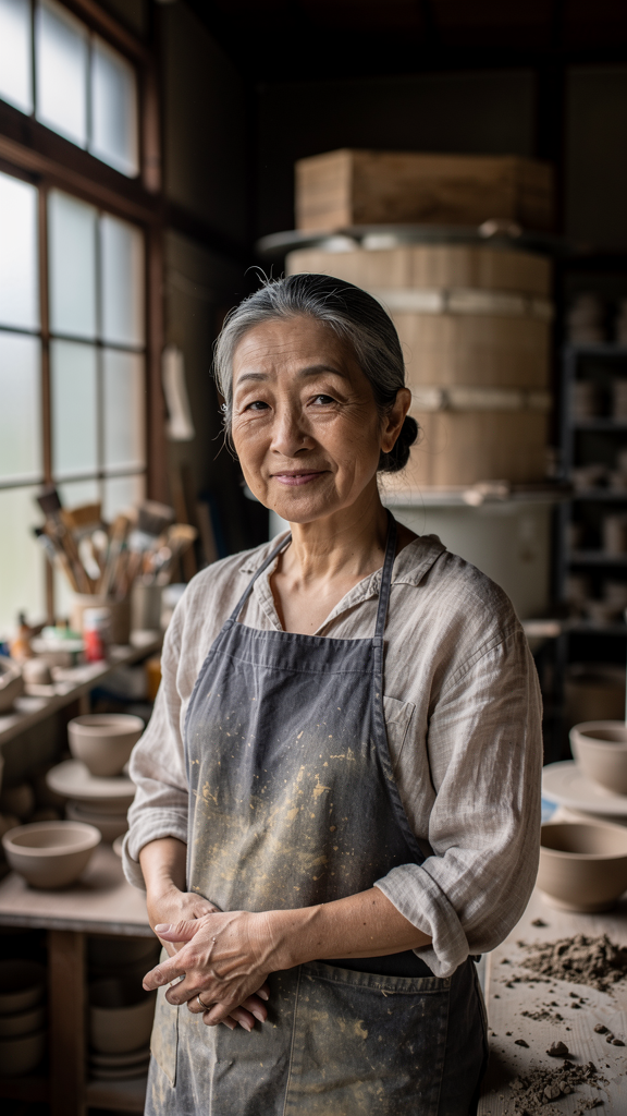 Editorial portrait of a 67-year-old Japanese ceramicist in her Mashiko studio at 8 AM. Clay-dusted apron over linen shirt, salt-and-pepper hair tied back, slight smile. Raking north-facing window light, wood-fired kiln out of focus behind. Fujifilm GFX 100 II look, 80mm f/2, honest skin texture, visible fine lines and sunspots, no retouching, no beauty filter. 4:5 frame.