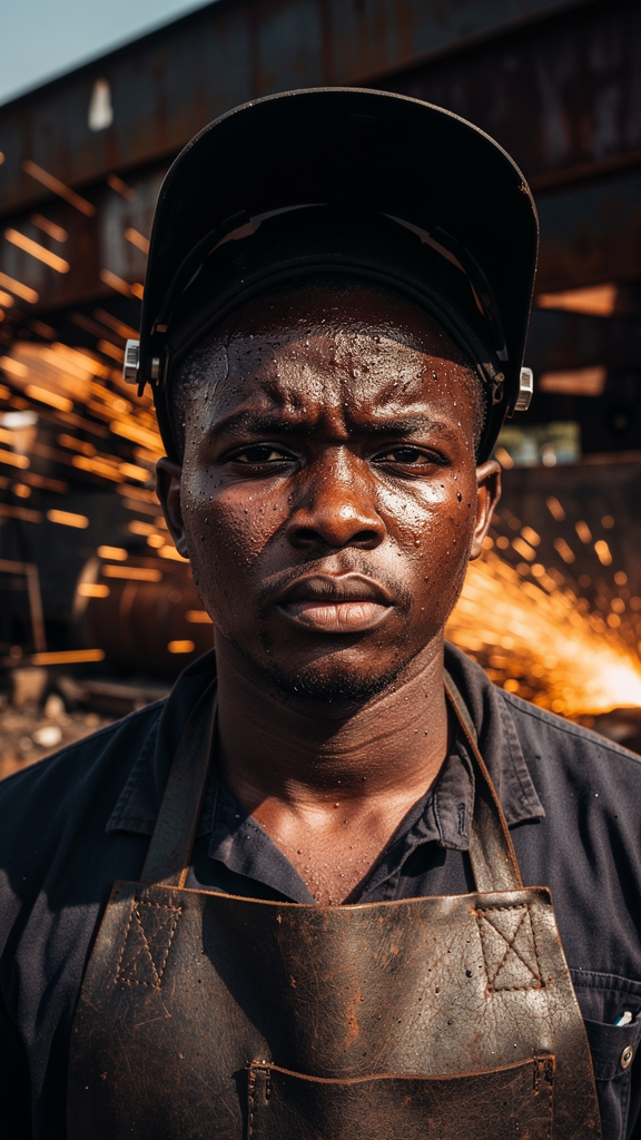Close-up documentary portrait of a Ghanaian welder in a Tema shipyard at midday. Heavy leather apron, welding helmet flipped up on head, sweat beads on forehead, looking straight into lens. Orange sparks drift out of focus behind. Kodak Portra 800 look, 35mm f/2.8. Deep shadows, no fill light, no skin smoothing, magazine-grade realism.