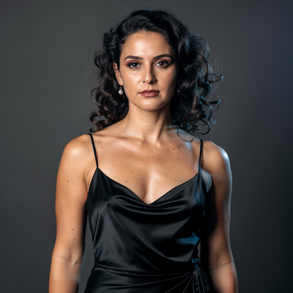 Half-length studio portrait of a 29-year-old Argentine tango dancer in a black slip dress, shot against a charcoal seamless. Single soft box at 45° camera left, subtle rim light camera right. Curly dark hair loose, single silver earring catching light. Hasselblad X2D, 90mm f/4. No retouching, pores visible, no stylized grading.