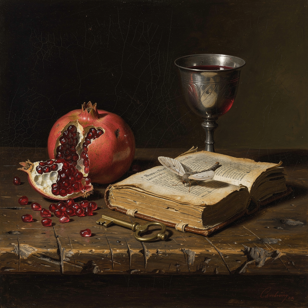 Oil painting in the style of a Dutch Golden Age still life: weathered wooden table with a cracked pomegranate, pewter goblet half-filled with red wine, a single moth resting on an open book, tarnished brass key. Chiaroscuro lighting from upper left, deep velvety black background. Visible impasto brushstrokes on highlights, glazing in shadows. Canvas texture faintly visible, museum-scale oil painting, not a render.