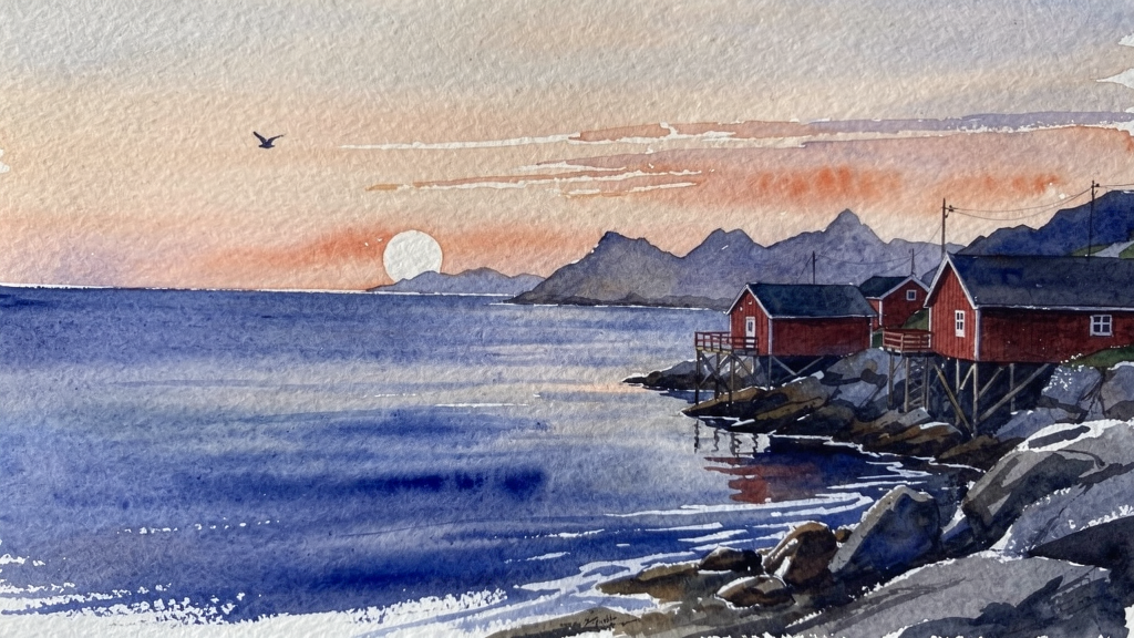 Loose watercolor wash of the Lofoten Islands at 4 AM in July — midnight sun low over the fjord, pastel salmon sky, indigo sea, fishing huts on stilts in vermilion. Wet-on-wet bleeds for sky, sharper dry-brush for huts. Cold-press paper texture visible at crop. A single bird mid-flight as negative space. Plein-air spontaneity, no digital gradients.