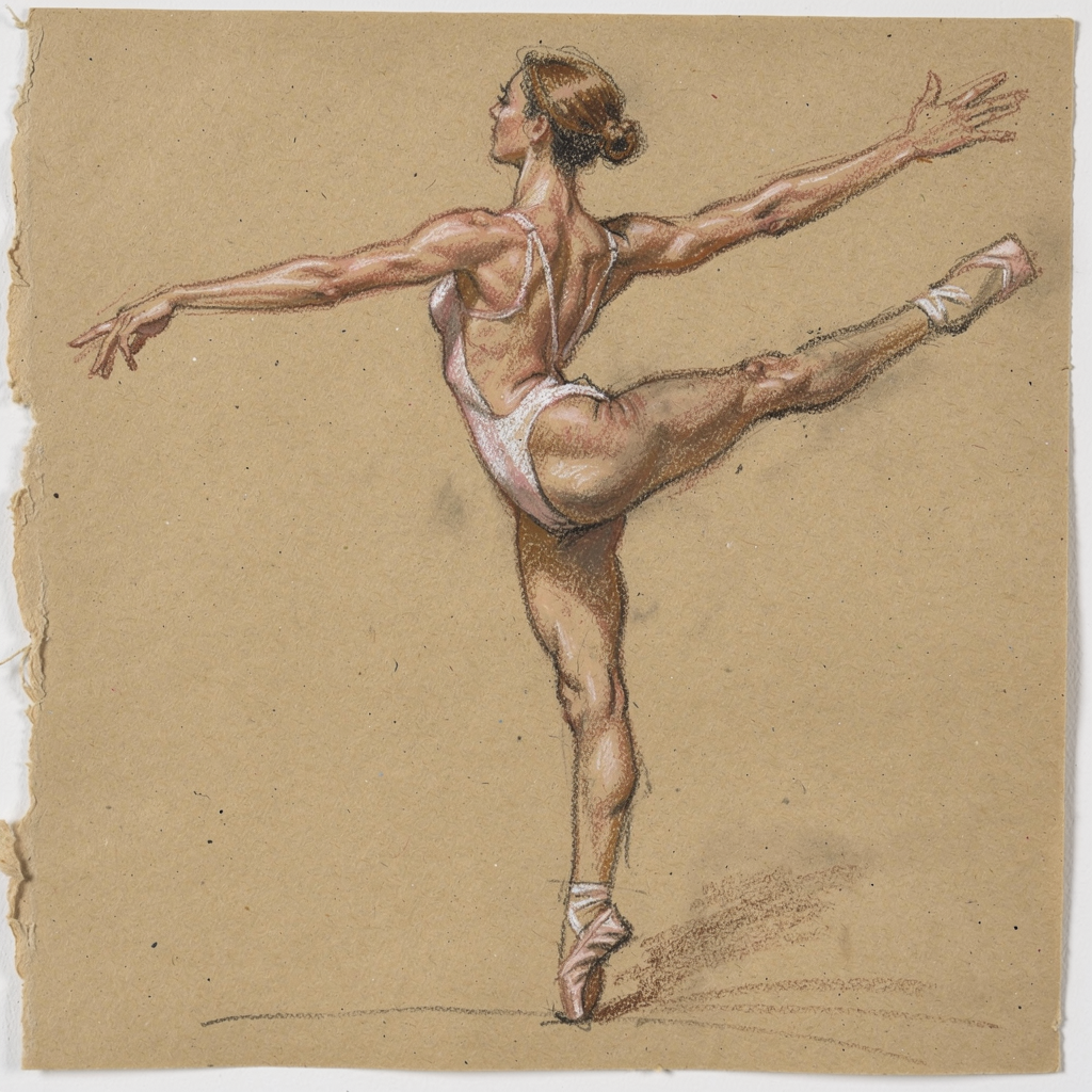 Charcoal and pastel life drawing on toned tan paper: a ballet dancer caught mid-arabesque, seen from three-quarter back. Quick gestural strokes, highlights pulled out with white chalk, smudged shadow across the lower back. Unfinished feet — the line trailing off deliberately. Newsprint-sketchbook feel, visible paper grain.