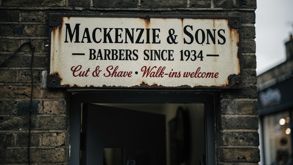 Hand-painted enamel barbershop sign mounted above a doorway in East London, overcast afternoon. Cream ground, black serif lettering reads exactly: "MACKENZIE & SONS — BARBERS SINCE 1934". A smaller red cursive line beneath: "Cut & Shave · Walk-ins welcome". Subtle cracks in enamel, rust at mounting bolts. 3:2, documentary photograph, readable at 100% crop.