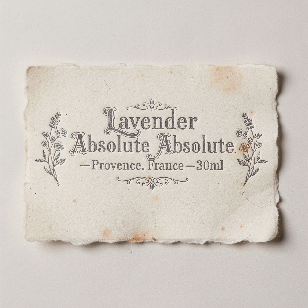 Letterpress-printed vintage botanical label on cream cotton stock, photographed flat overhead under soft window light. Deboss texture visible. Ornate Victorian type reads exactly "Lavender Absolute — Provence, France — 30ml". Small floral engraving flanking the text. Aged paper edges, faint foxing spots. Macro detail, flatlay, no glossy reflections.