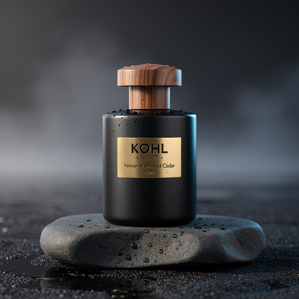 Editorial product hero: a matte-black ceramic perfume bottle with a walnut-capped stopper, standing on a river-worn basalt slab on wet black sand. Back-lit at 6 AM with a cool rim light, tiny water droplets clinging to the bottle. Brass-engraved label reads exactly "KOHL · No. 07 · Vetiver & Smoked Cedar · 50ml". Hasselblad medium-format look, 80mm f/8, focus-stacked edge-to-edge sharp. No retouching halo.