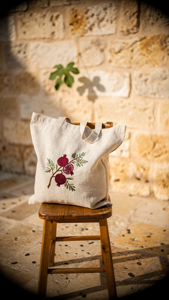 Sustainable-fashion editorial: a single undyed linen tote with a hand-embroidered pomegranate branch draped across a weathered olive-wood stool in a Crete village courtyard, late-afternoon raking sun. Warm limestone wall behind with one fig leaf shadow. Mamiya 7 look, 80mm f/5.6, Kodak Ektar 100 palette. Natural vignette, no HDR, no grade.