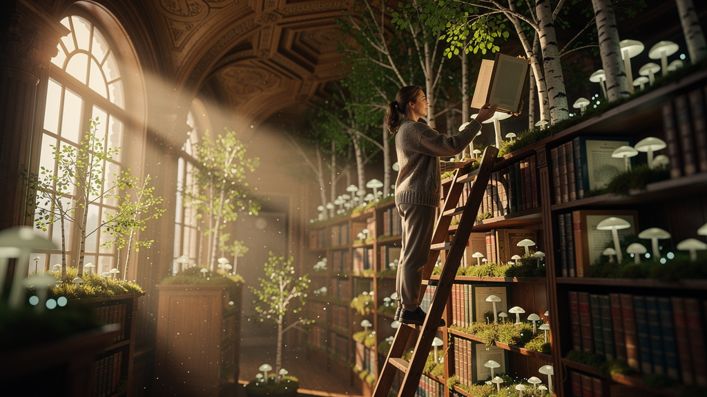 A library where every book has sprouted a miniature forest from its open pages — birch saplings, moss, tiny glowing mushrooms — growing up between the shelves. A woman in a wool cardigan stands on a sliding ladder, reaching for a book whose forest has already reached the ceiling. Afternoon sun through arched windows, dust motes suspended. Tilt-shift realism, as if photographed for The New York Times Magazine cover.