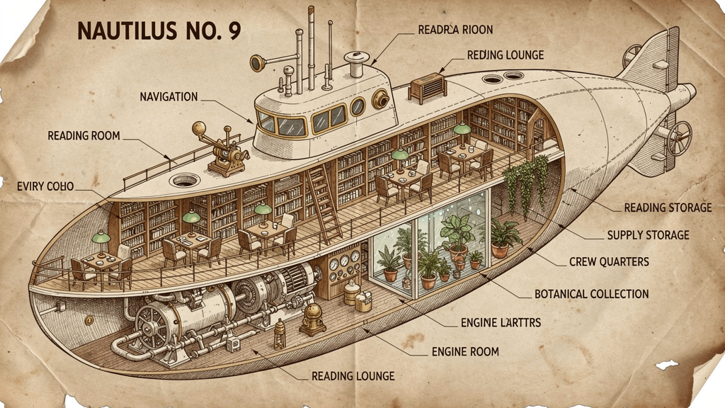 Isometric cutaway of a fictional 1960s submarine-library hybrid, "NAUTILUS NO. 9", drawn as a technical diagram with hand-rendered pen-and-ink cross-hatching. Three levels: periscope-and-telegraph bridge on top, floor-to-ceiling brass bookshelves middle, engine room bottom. Every room labeled in neat draftsman's capitals ("NAVIGATION", "READING LOUNGE", "BOTANICAL COLLECTION"). Sepia-toned on aged parchment. No watermarks.
