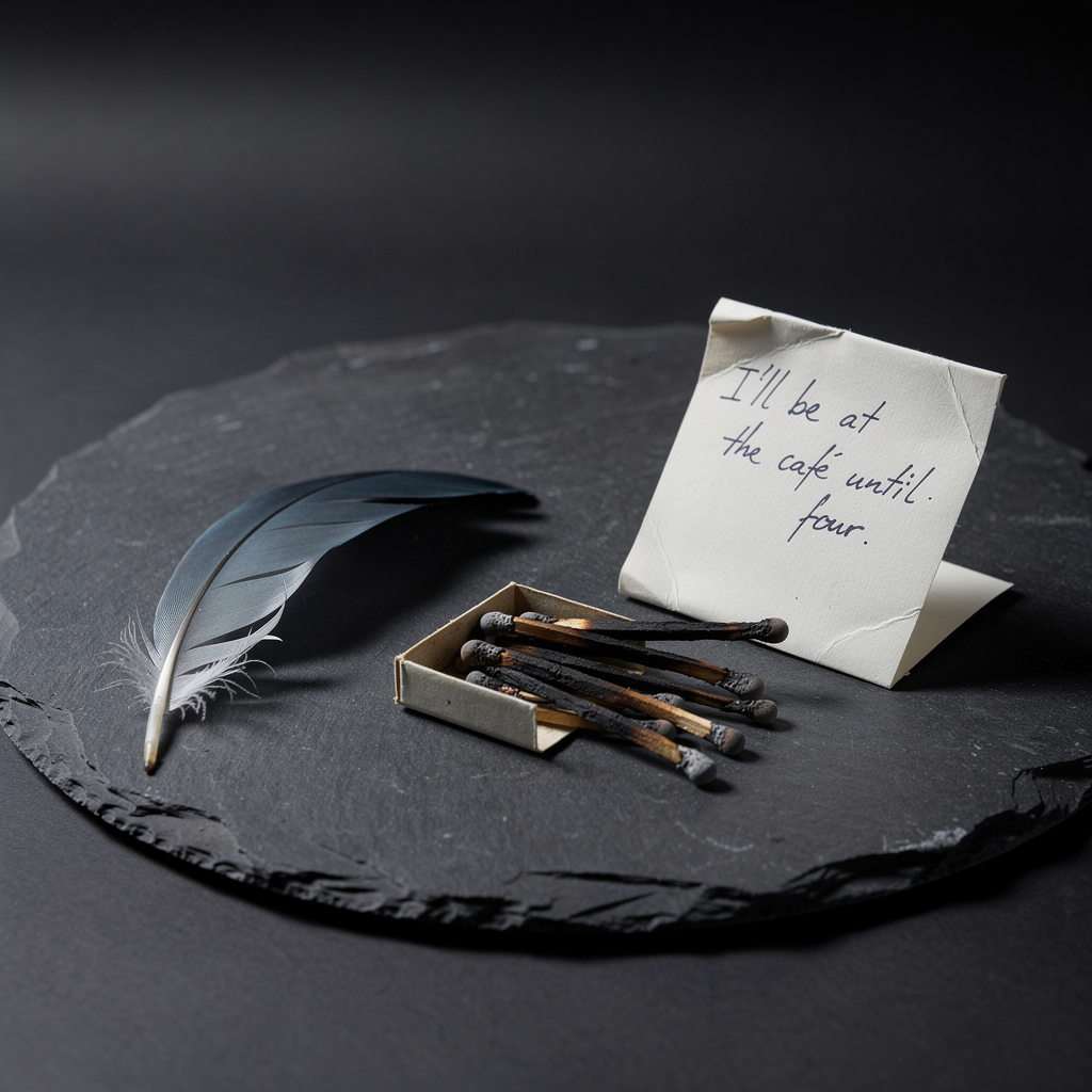 Editorial still life in the style of Irving Penn: a single blue-gray pigeon feather, a matchbook with spent matches, a folded handwritten note — exposed slightly revealing one line: "I'll be at the café until four" — arranged on a slate surface. Single raking side light from camera left, deep shadow right, charcoal seamless background. 4x5 large-format camera look, f/22, all elements tack sharp.