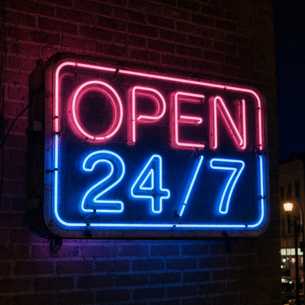 A vintage neon sign spelling "OPEN 24/7" in bright pink and blue, mounted on a brick wall at night