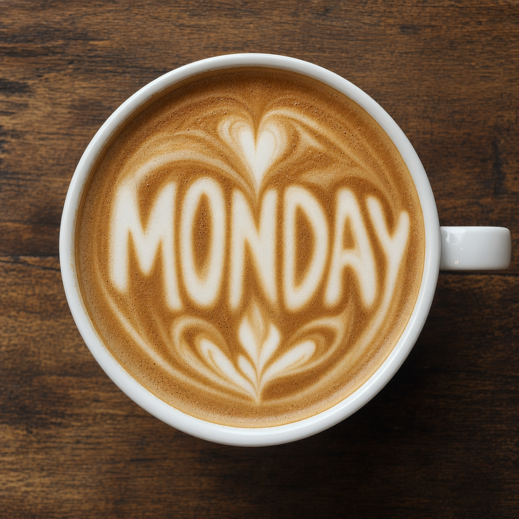 A coffee cup with latte art forming the word "MONDAY" in the foam, top-down view