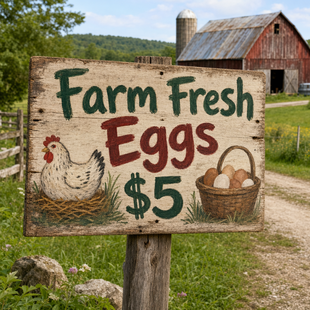 A wooden sign with hand-painted lettering "Farm Fresh Eggs $5", rustic countryside background