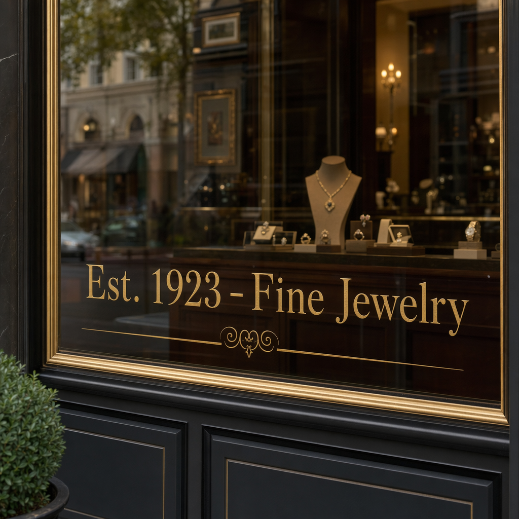 A storefront window with gold leaf lettering "Est. 1923 - Fine Jewelry", elegant serif font