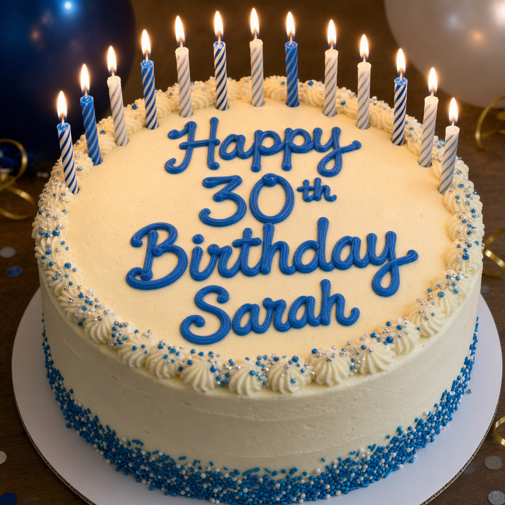 A birthday cake with "Happy 30th Birthday Sarah" written in blue icing, surrounded by candles