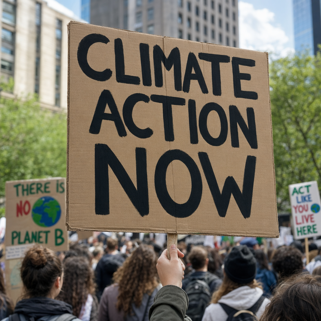 A protest sign held up in a crowd, reading "CLIMATE ACTION NOW" in bold black letters