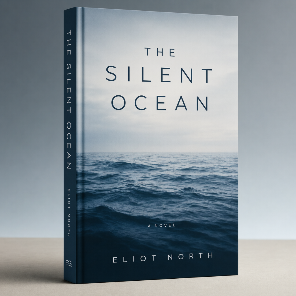 A book cover mockup with title "The Silent Ocean" in minimalist sans-serif, ocean wave background