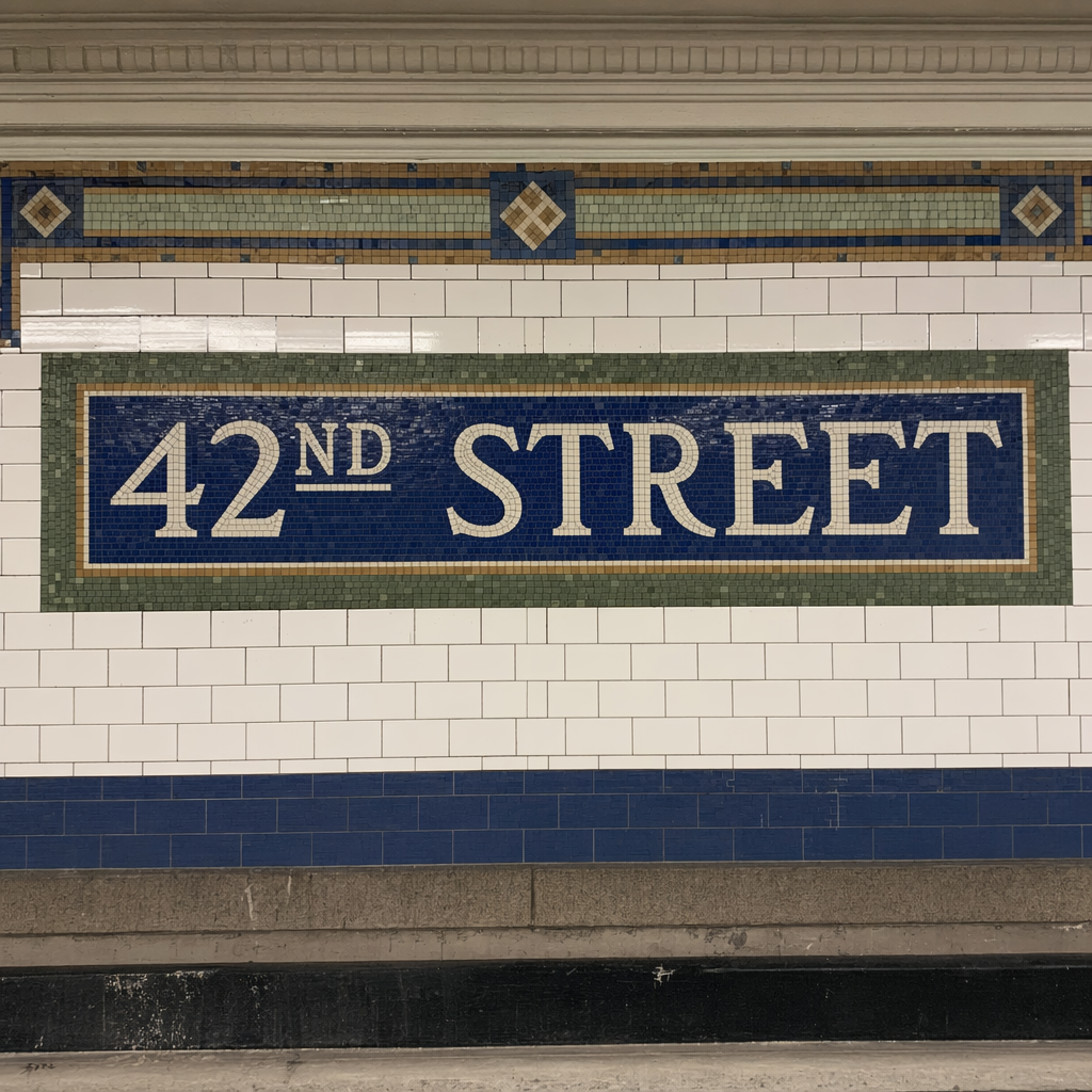 A subway station tile wall with "42nd Street" in white ceramic tiles, NYC style