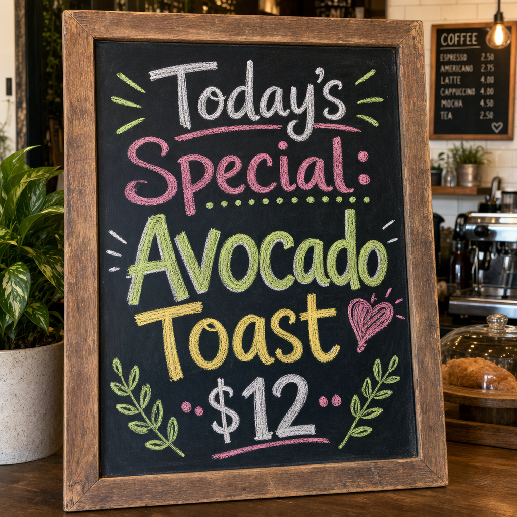 A chalkboard menu at a cafe listing "Today's Special: Avocado Toast $12" in colorful chalk