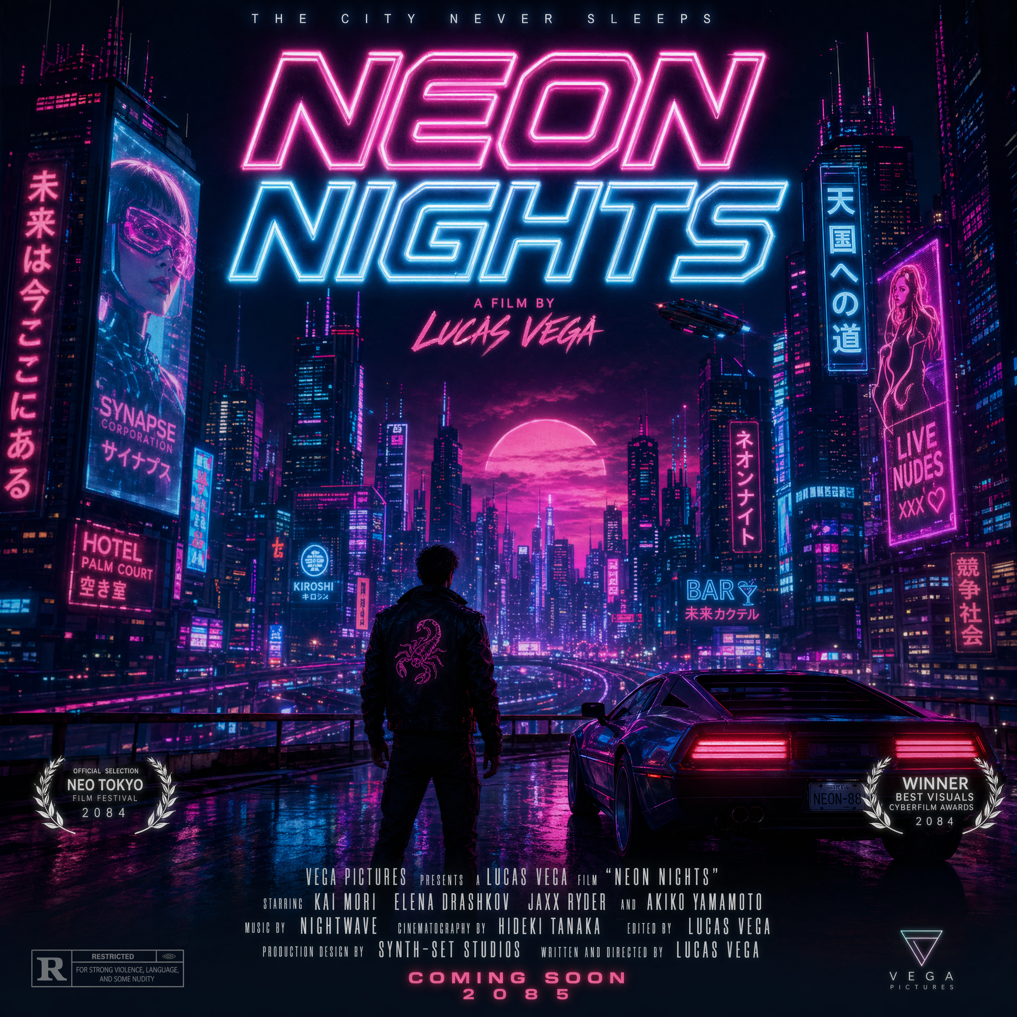 A movie poster with title "NEON NIGHTS" in glowing 80s retro font, cyberpunk cityscape