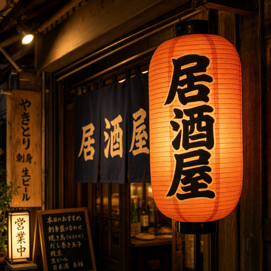 A Japanese izakaya lantern with "居酒屋" written in traditional calligraphy, warm glow