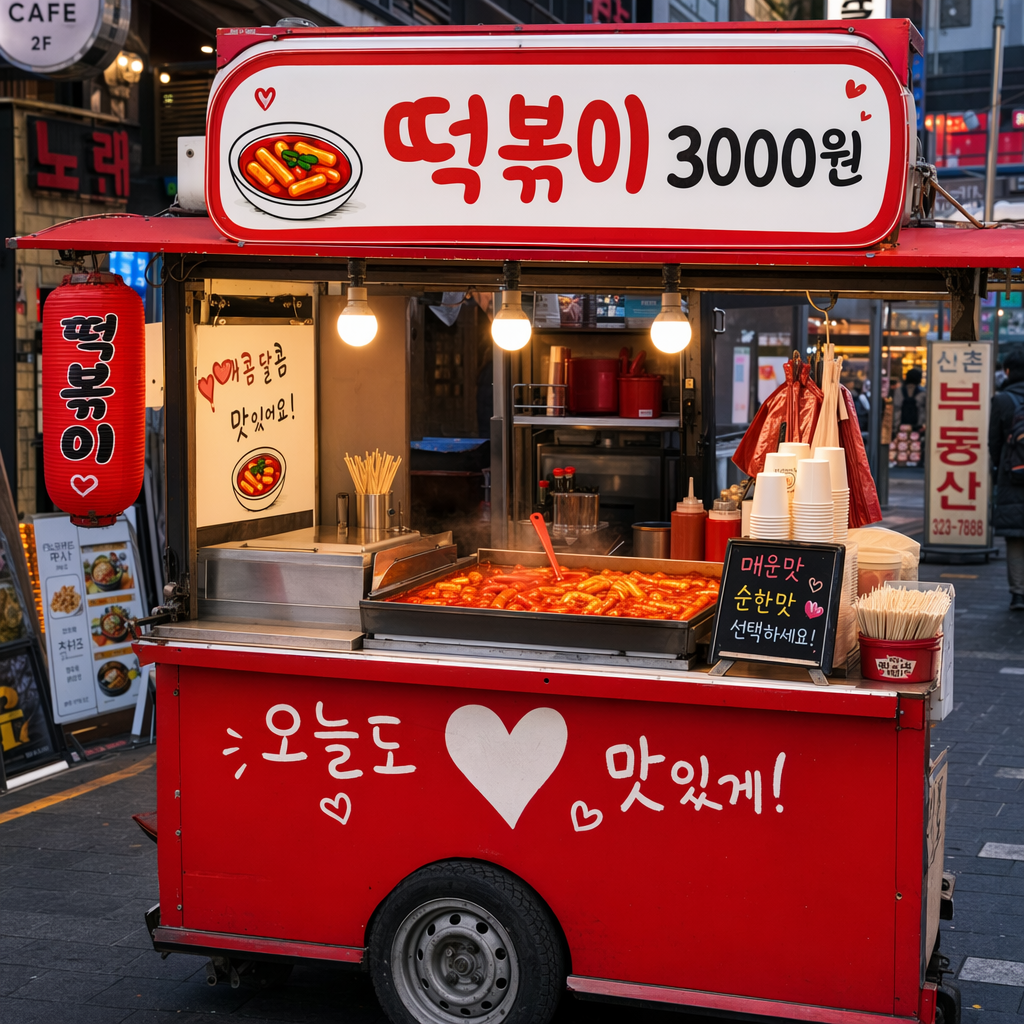 A Korean street food cart with sign "떡볶이 3000원", vibrant red and white