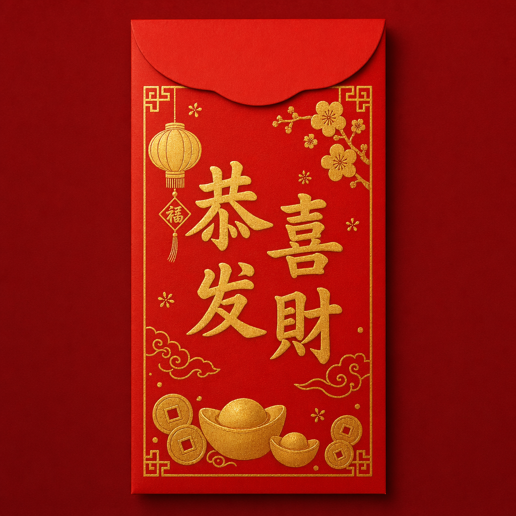 A Chinese New Year red envelope (hongbao) with gold "恭喜发财" characters
