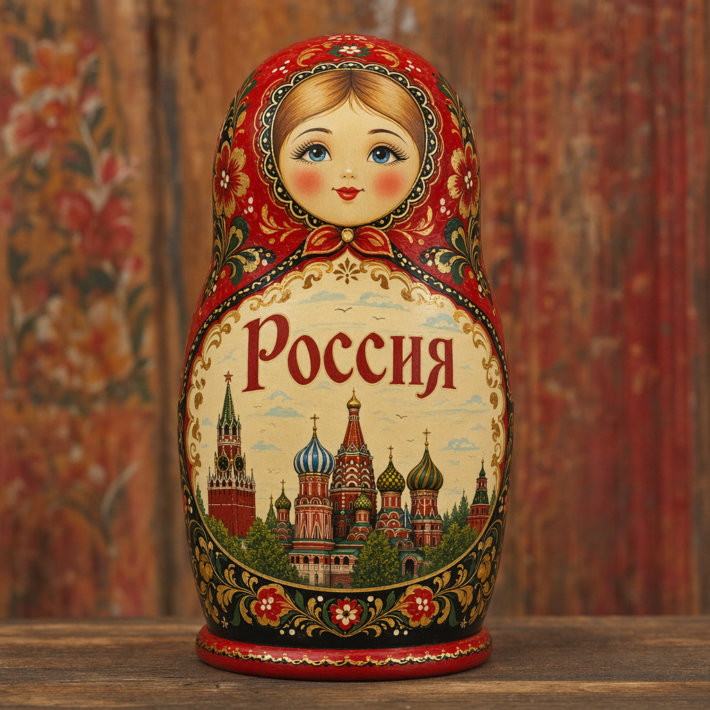 A Russian nesting doll (matryoshka) with "Россия" painted on the front, folk art style