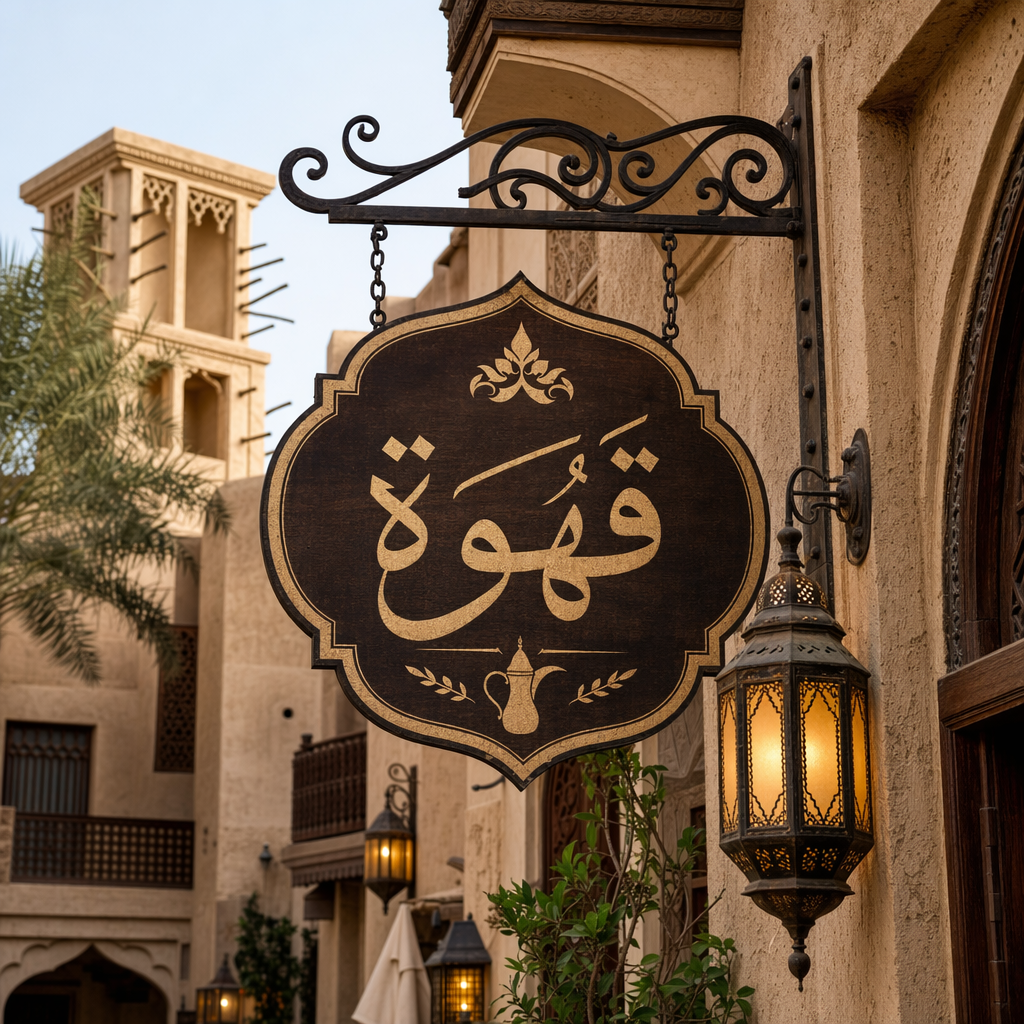 An Arabic coffee shop sign with "قهوة" in elegant calligraphy, Middle Eastern architecture