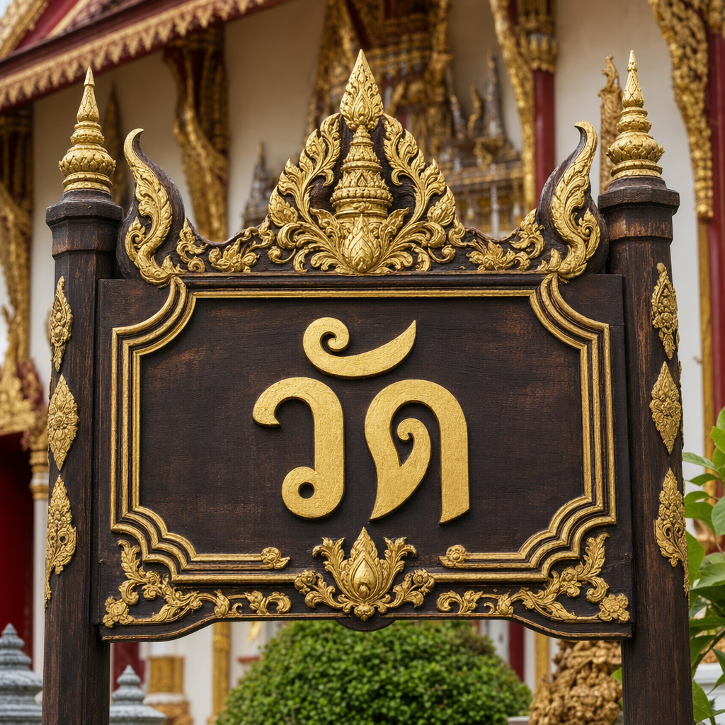 A Thai temple sign with "วัด" in gold leaf on dark wood, ornate traditional style
