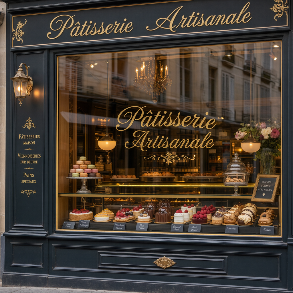 A French patisserie window with "Pâtisserie Artisanale" in gold cursive lettering