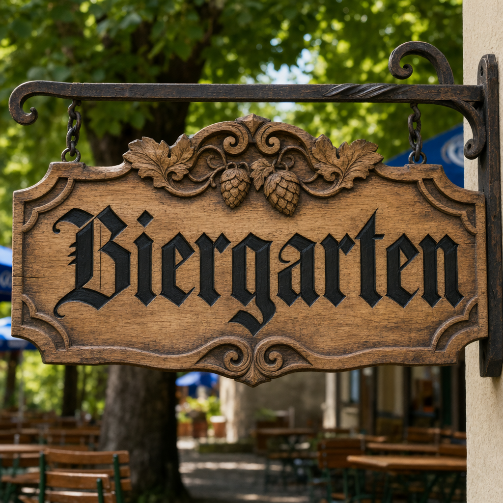 A German beer garden sign "Biergarten" in Gothic blackletter font, wooden carved