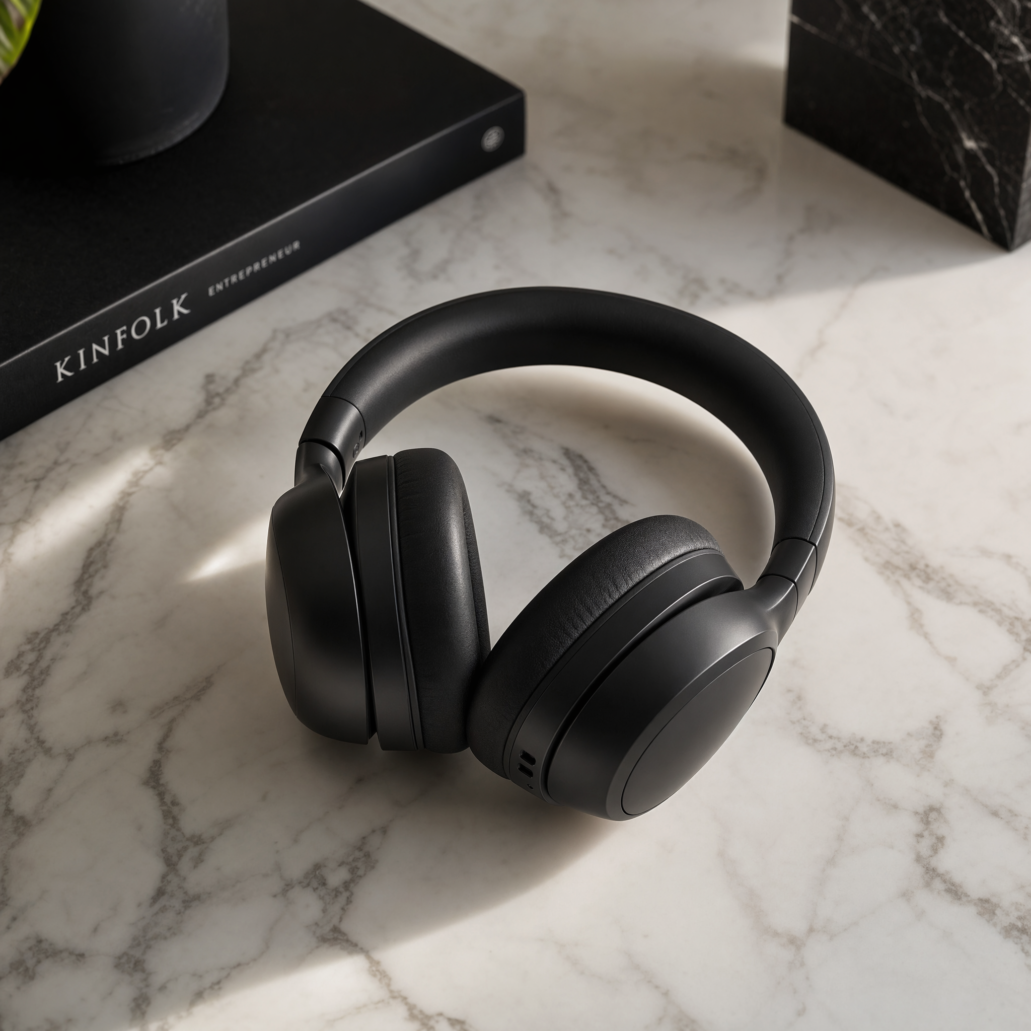 A sleek black wireless headphone on a marble desk with soft directional lighting, minimalist composition