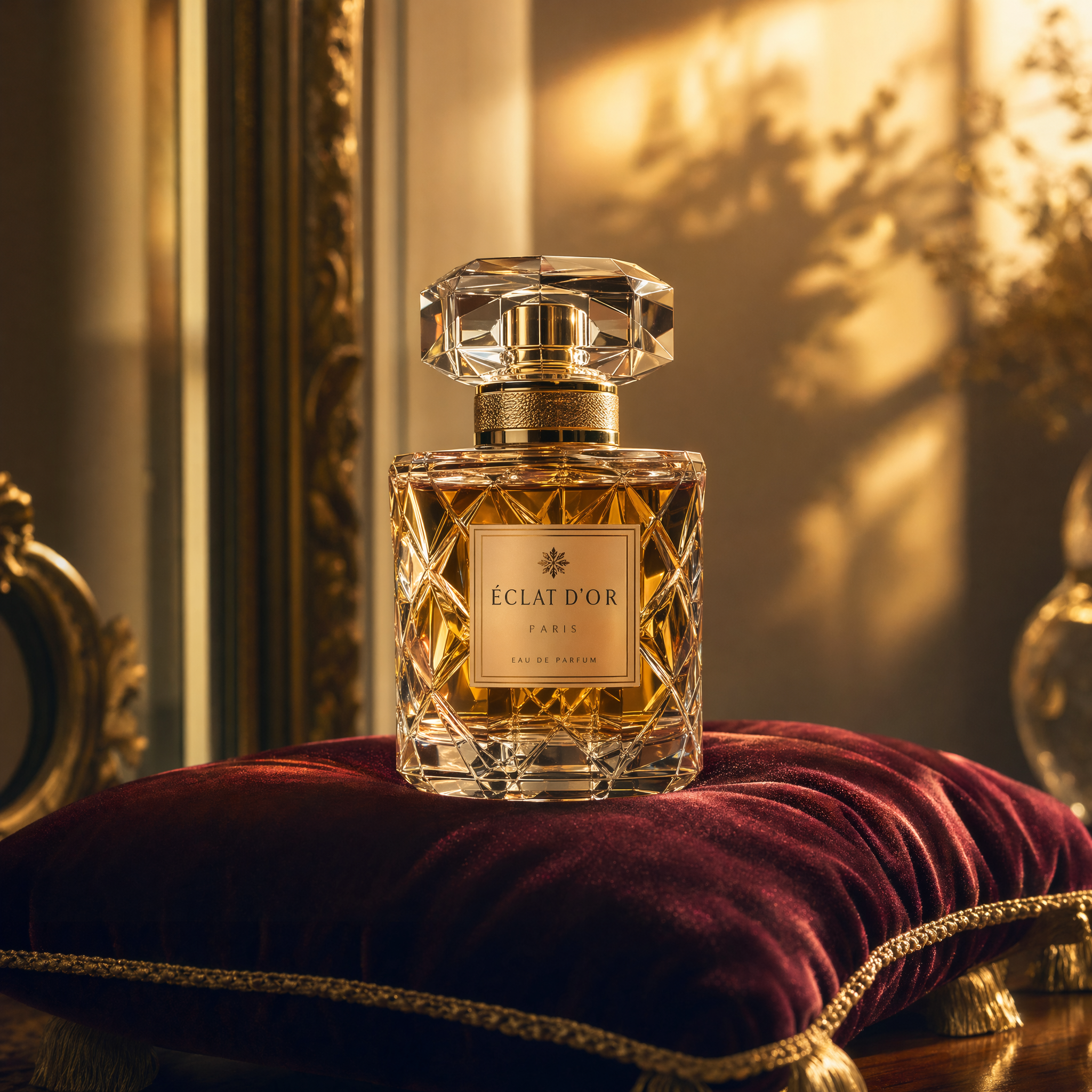A luxury perfume bottle on a velvet cushion with golden hour backlighting, elegant shadows