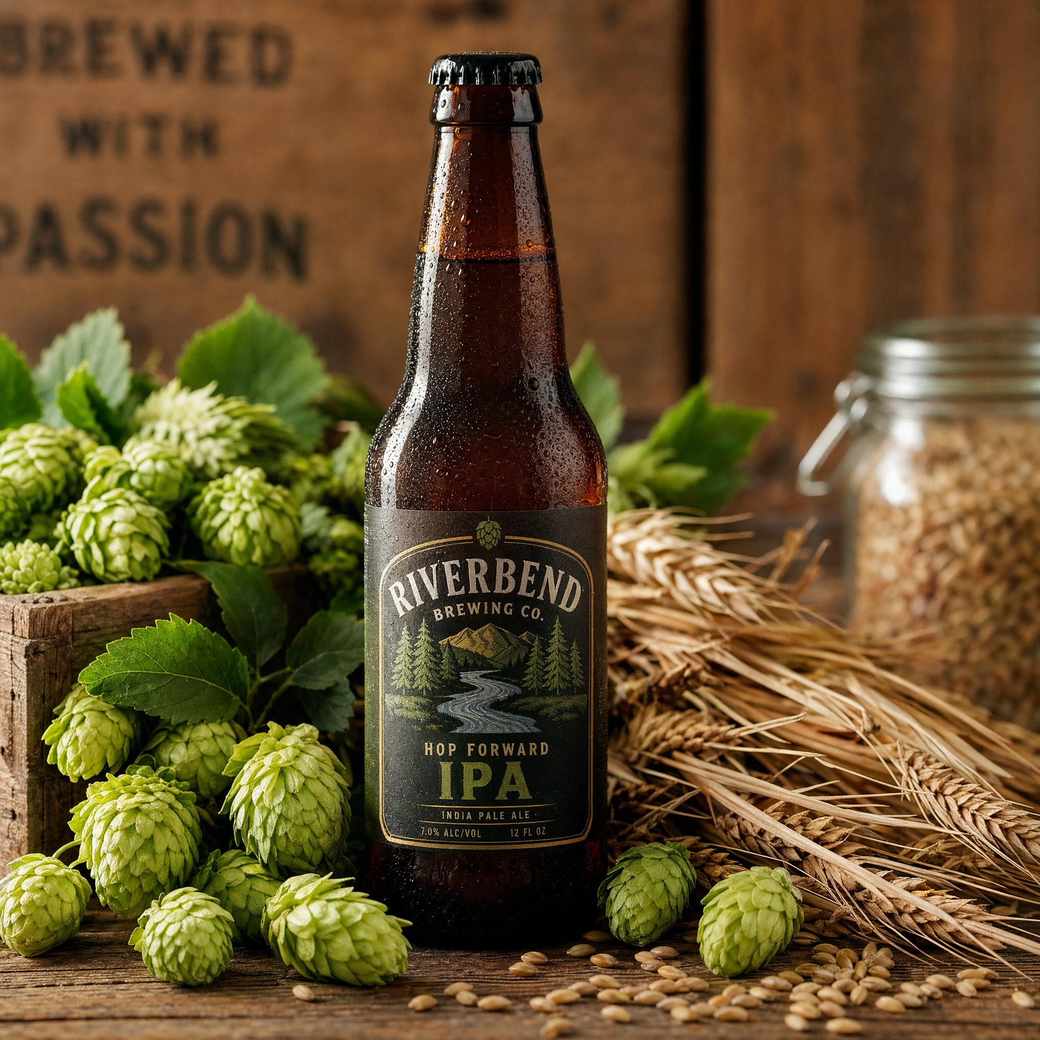 A craft beer bottle surrounded by fresh hops and barley, rustic wooden table, shallow depth of field
