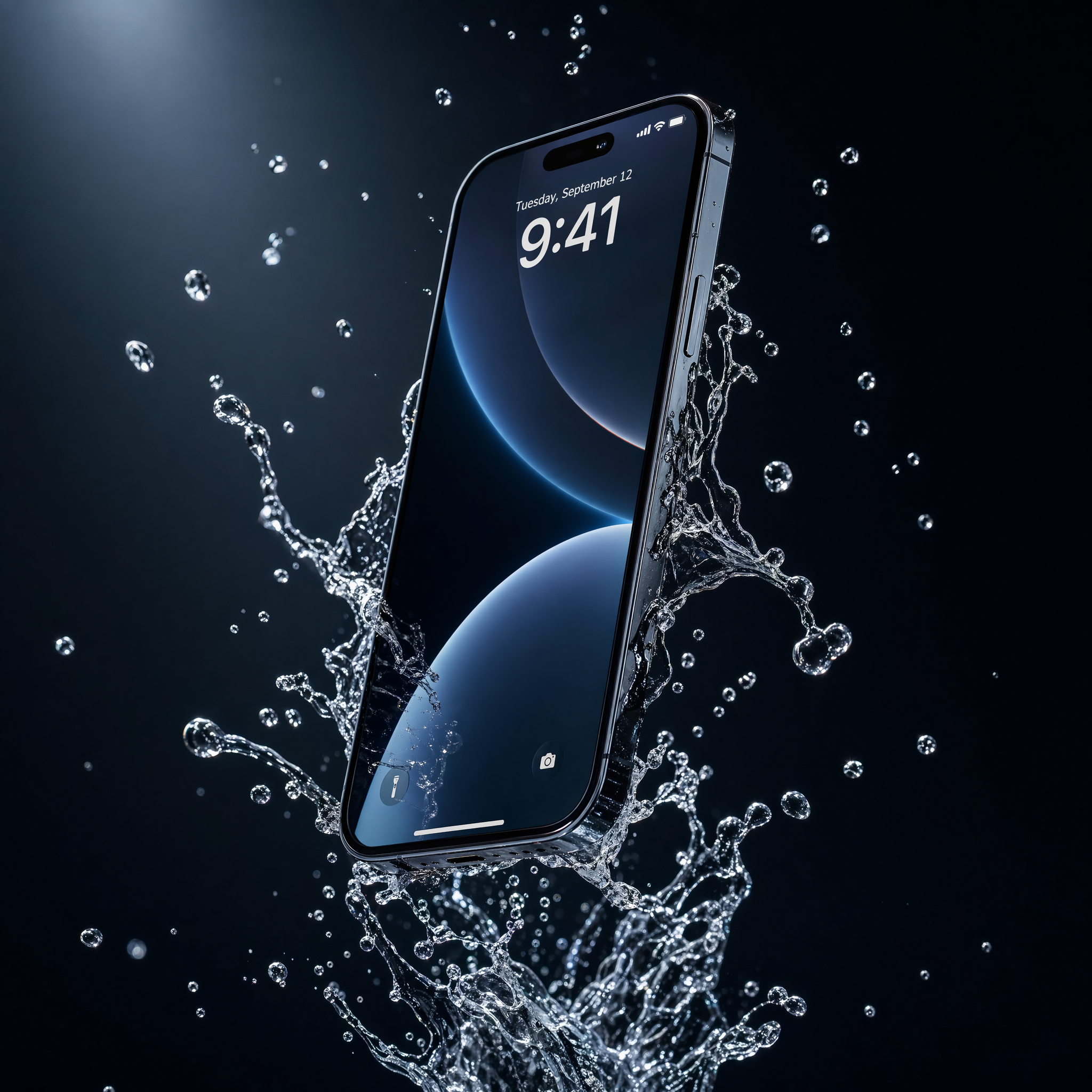 A smartphone floating in mid-air with water splashes frozen in time, dramatic studio lighting
