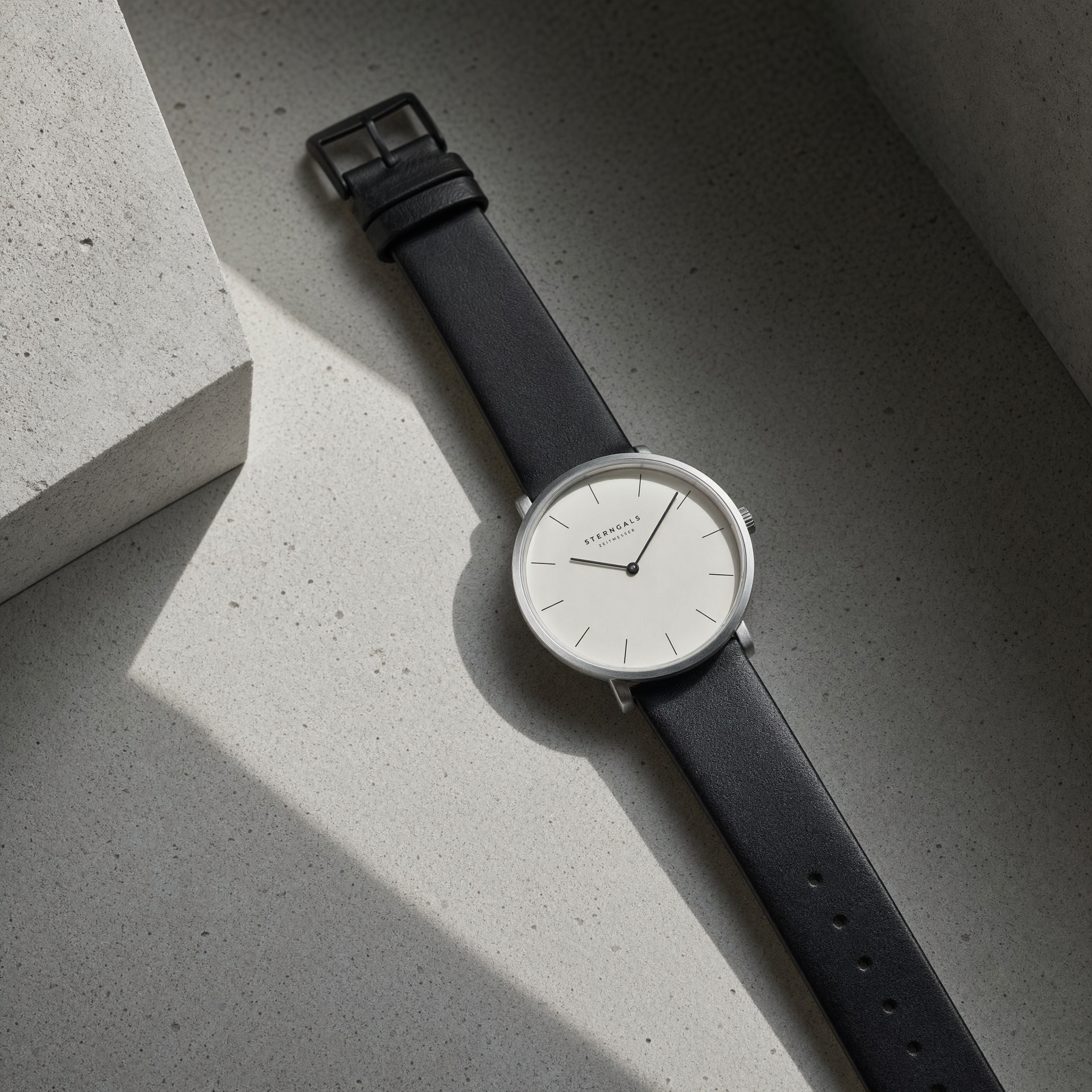 A minimalist watch on a textured concrete surface with geometric shadows, Scandinavian style