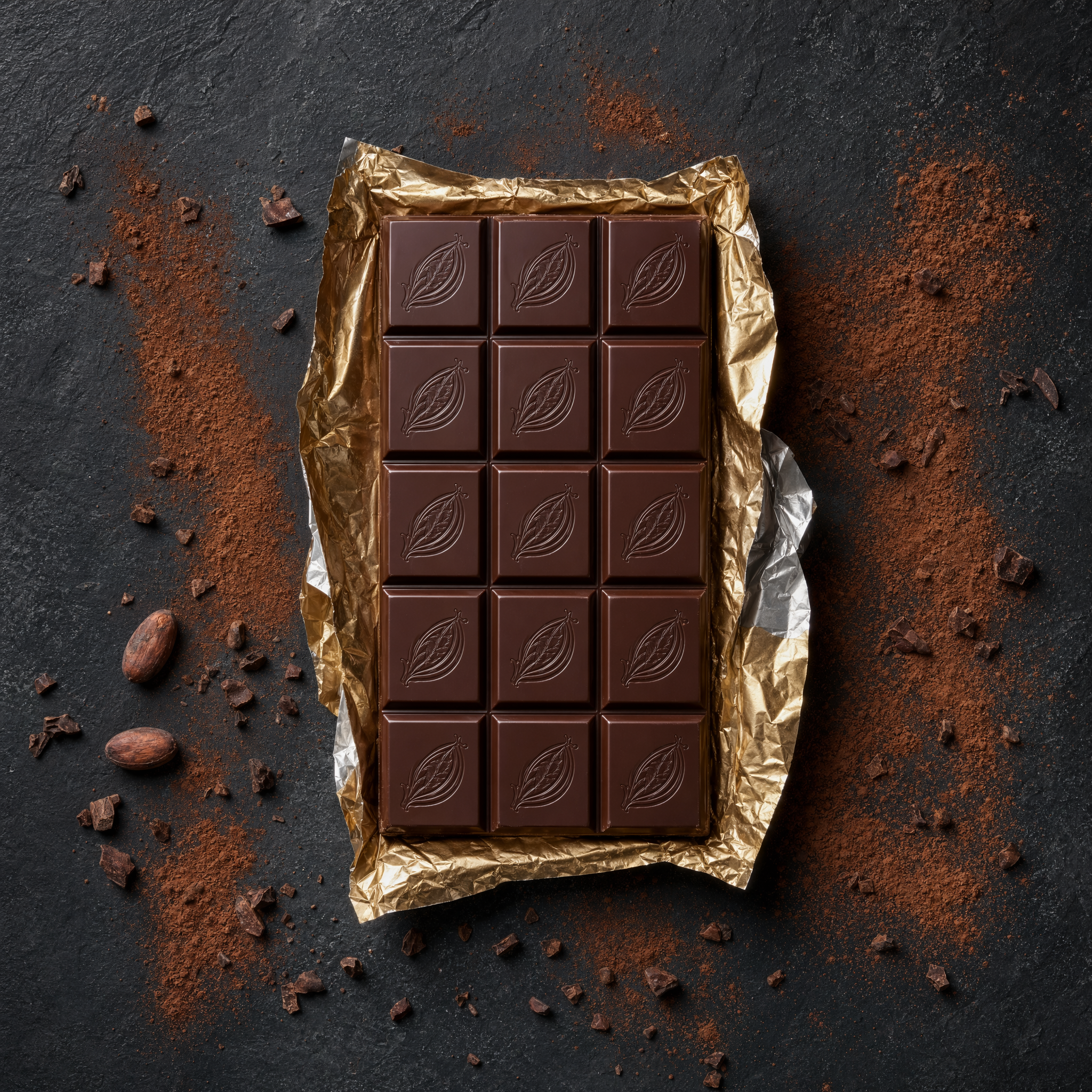 A gourmet chocolate bar unwrapped on a dark slate surface with cocoa powder dust, top-down