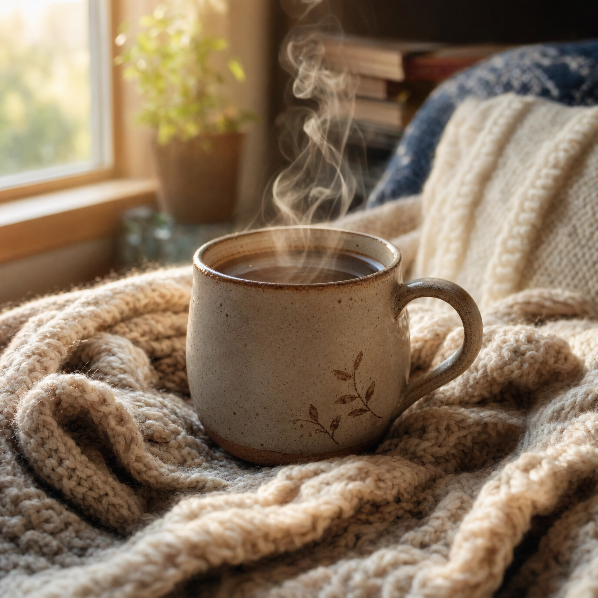 A ceramic coffee mug on a knitted wool blanket with steam rising, cozy morning light