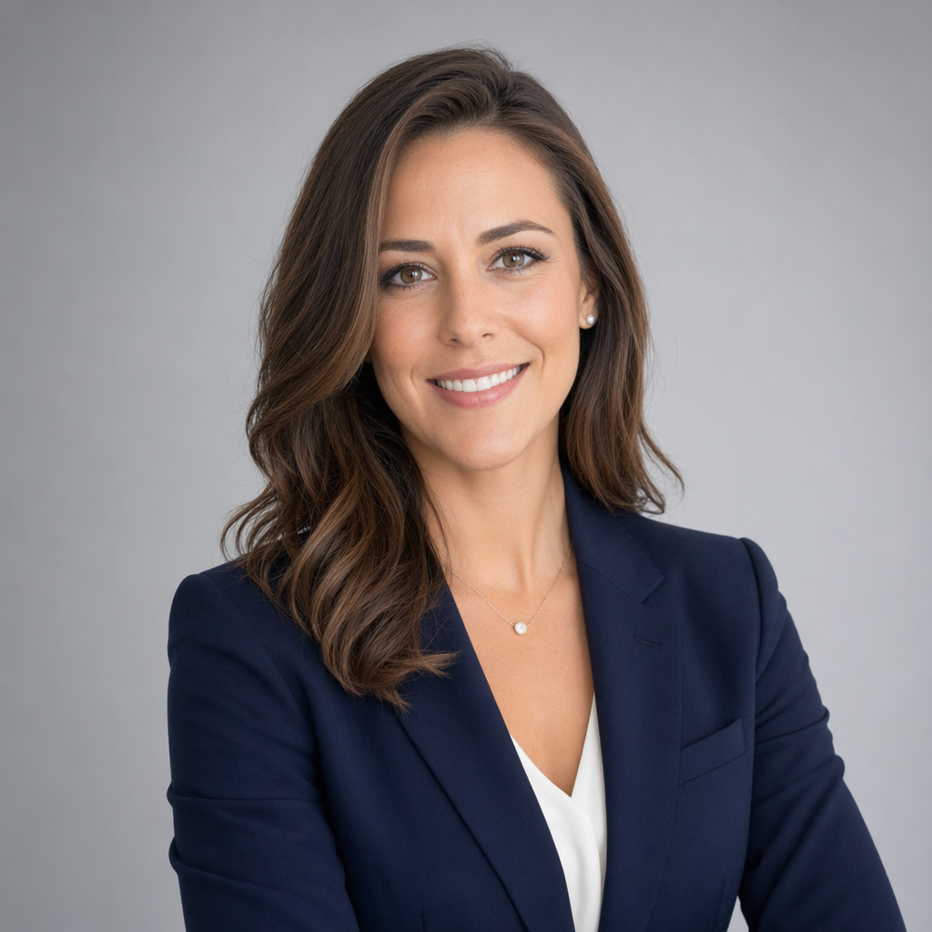 A professional headshot of a confident businesswoman in navy blazer, soft grey background, natural smile
