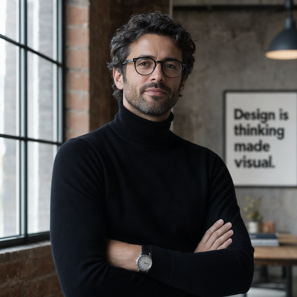 A creative director portrait with arms crossed, black turtleneck, industrial loft background with window light