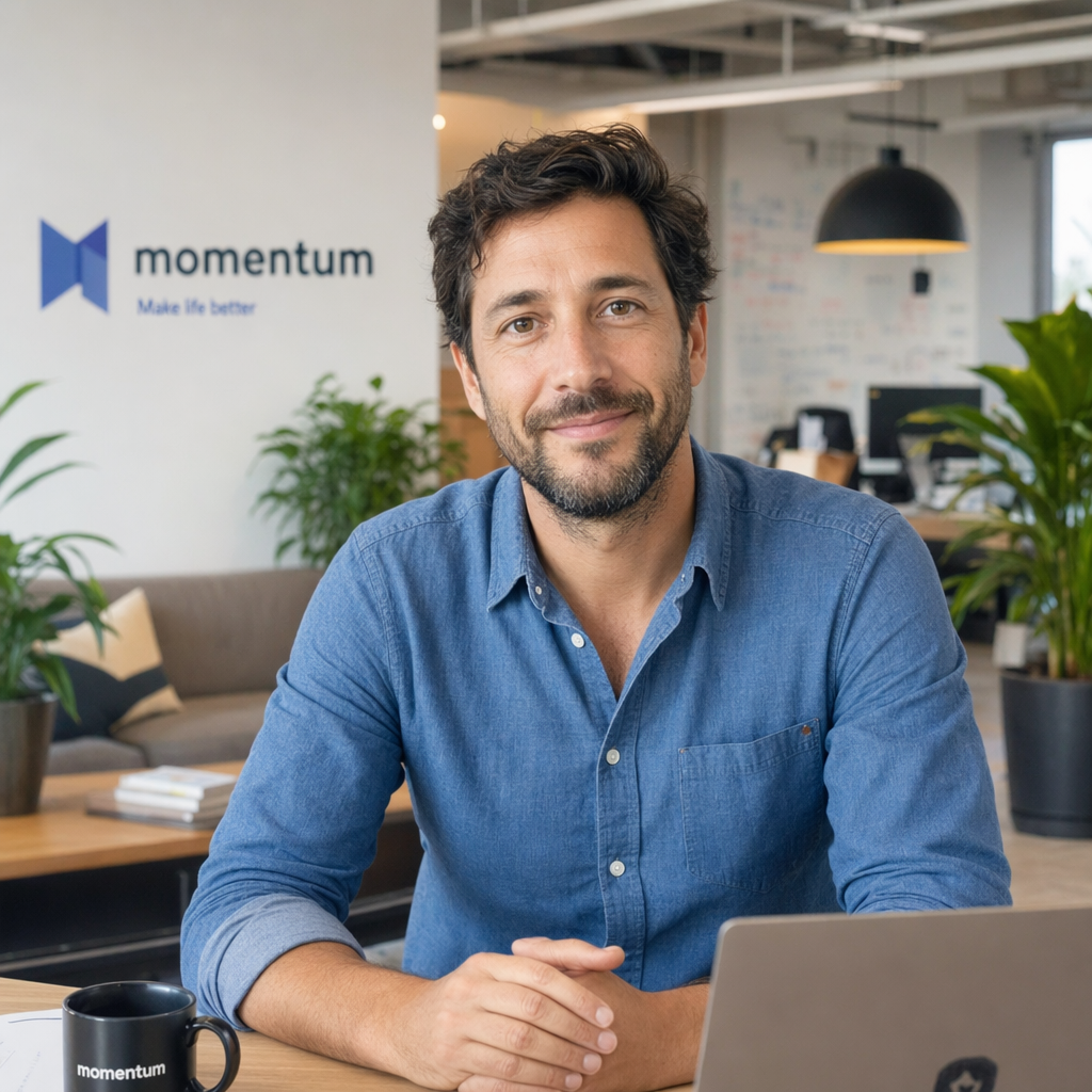 A tech startup CEO in casual chambray shirt, modern office with plants, approachable expression