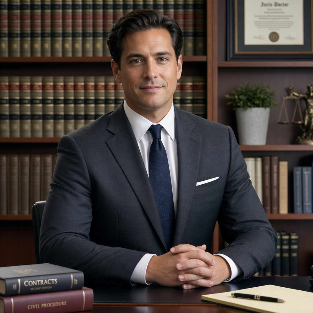 A lawyer in formal charcoal suit, bookshelf background, confident and trustworthy demeanor