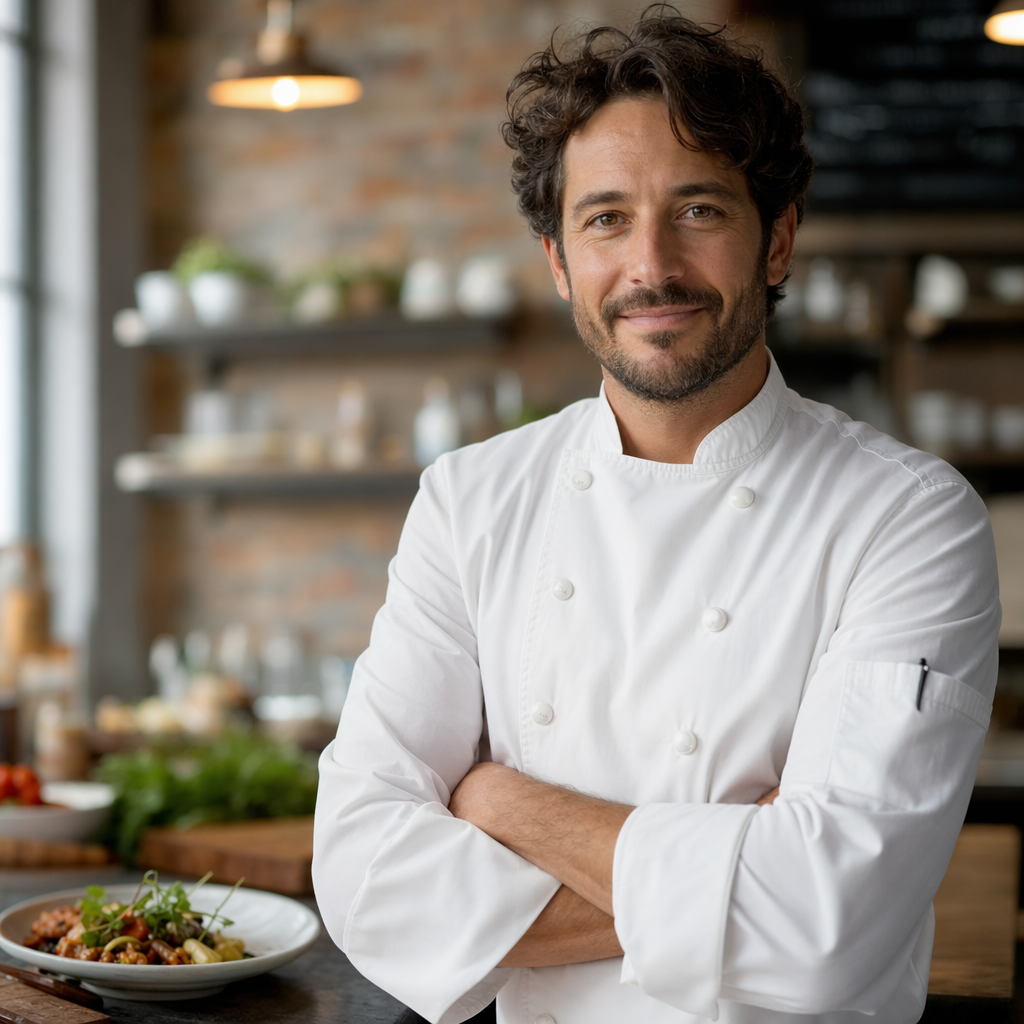 A chef in white coat with subtle food photography in soft focus background, warm natural light