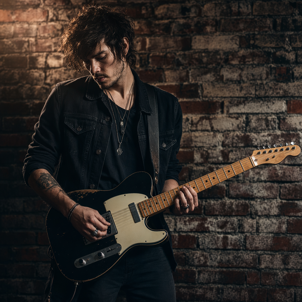 A musician with electric guitar, brick wall background, moody directional lighting, creative vibe