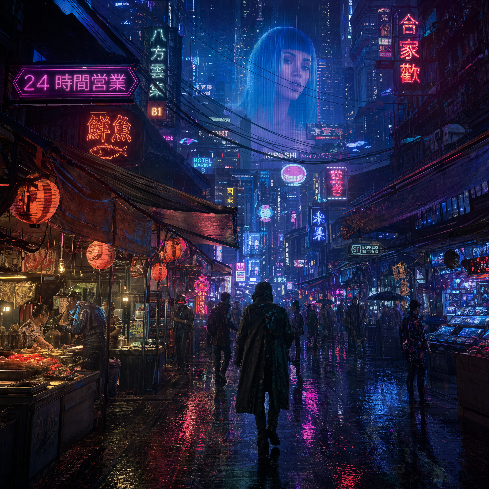 A cyberpunk street market at night with neon signs reflecting on wet pavement, blade-runner aesthetic