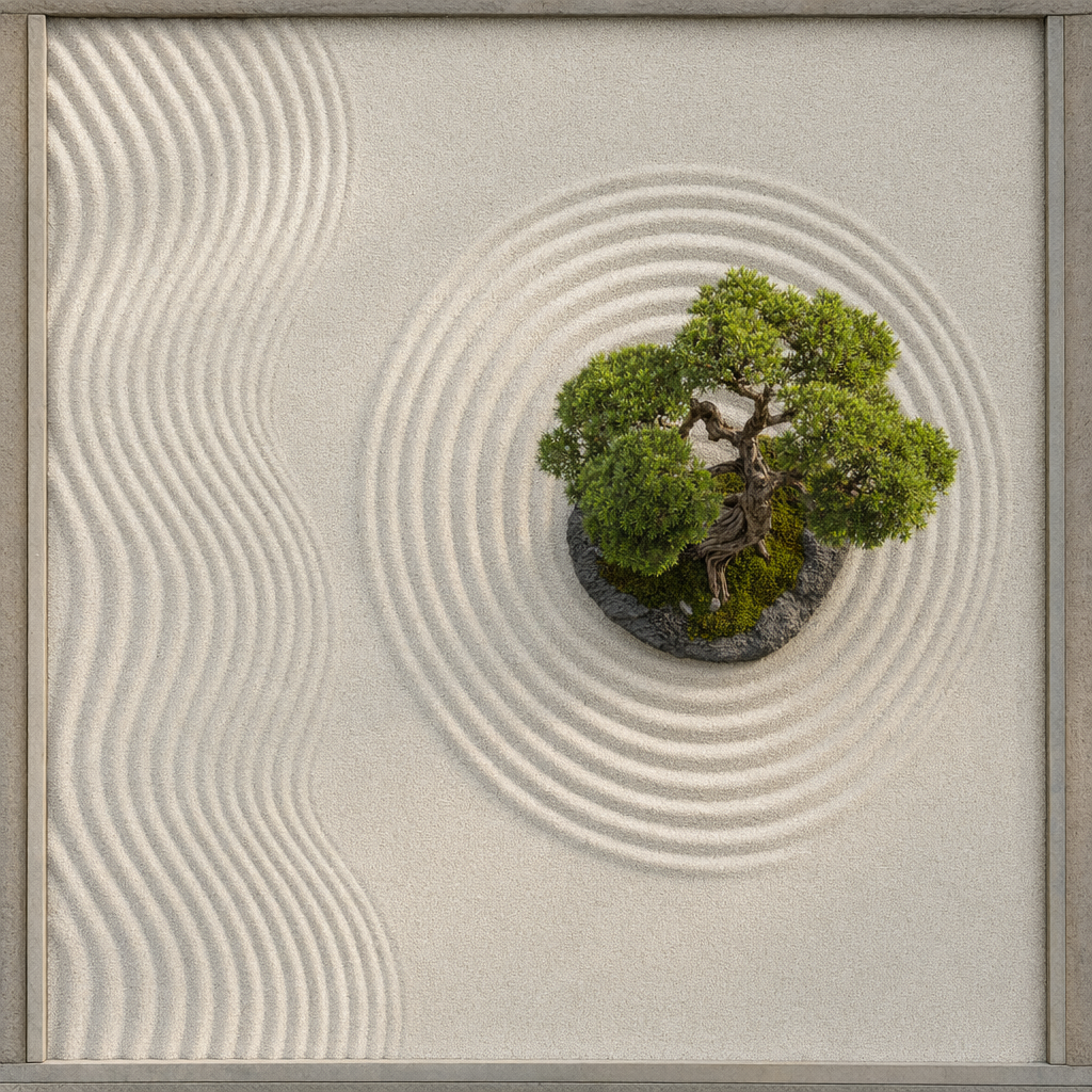 A minimalist Zen garden with raked sand patterns and a single bonsai tree, aerial view