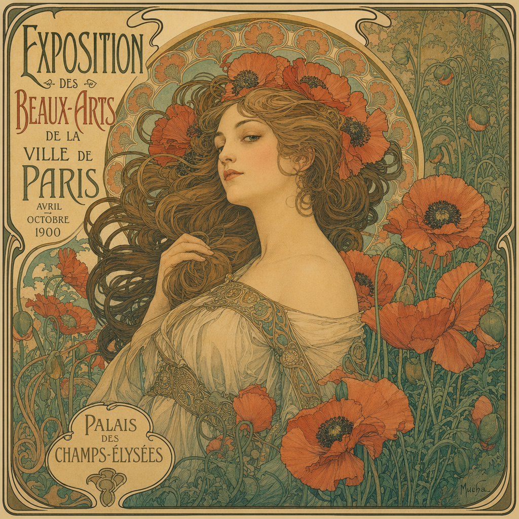 An Art Nouveau poster of a woman with flowing hair surrounded by poppies, Alphonse Mucha style