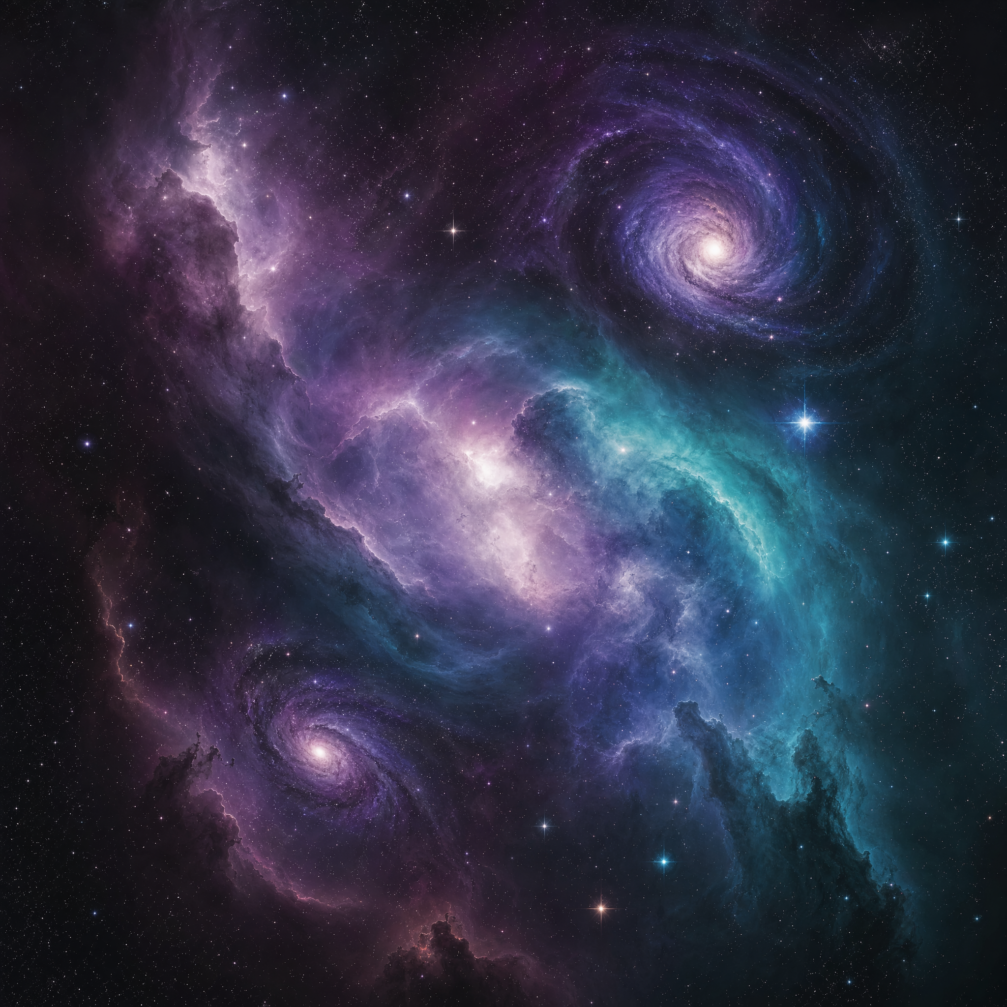 A cosmic nebula with swirling galaxies and stardust in deep purple and teal tones, space photography